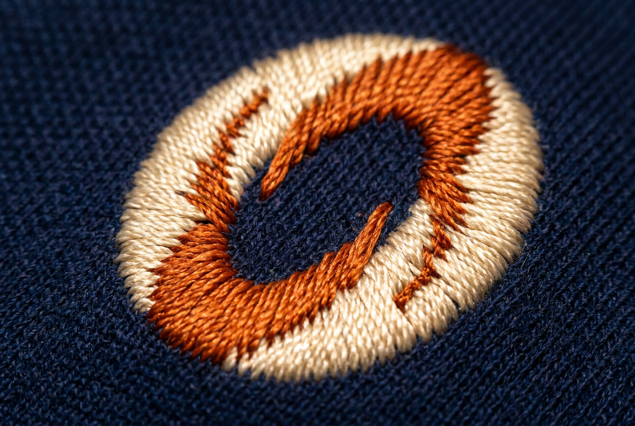 Macro of satin-stitch embroidery on navy fabric