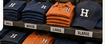 Shelved branded workwear folded and sorted by size